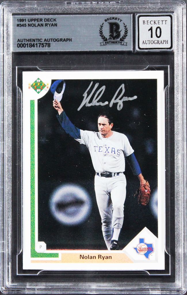 Rangers Nolan Ryan Signed 1991 Upper Deck #345 Card Auto 10! BAS Slabb Super Sports Center Rangers Nolan Ryan Signed 1991 Upper Deck #345 Card Auto 10! BAS Slabb Super Sports Center