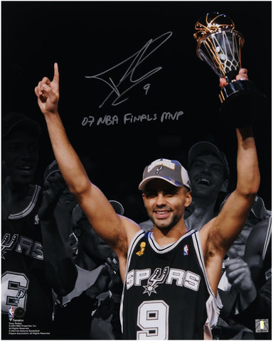 Tony Parker Spurs Signed 16x20 Holding 2007 NBA Final MVP Trophy Spotlight Photo