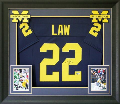 Michigan Ty Law Authentic Signed Navy Blue Pro Style Framed Jersey BAS Witnessed