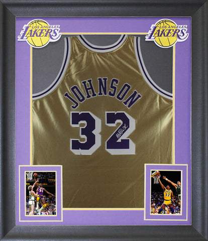 Lakers Magic Johnson Signed Gold M&N 75th Anniversary Framed Jersey BAS Wit