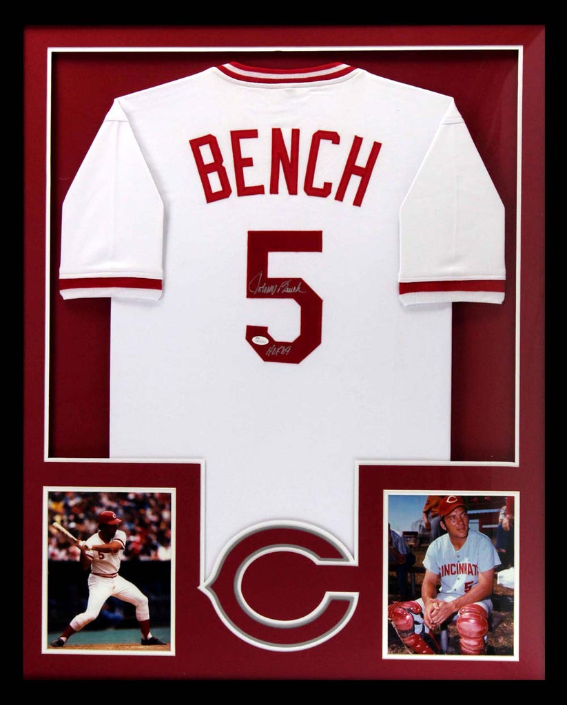 Johnny Bench Signed Cincinnati Reds Framed White Custom Jersey