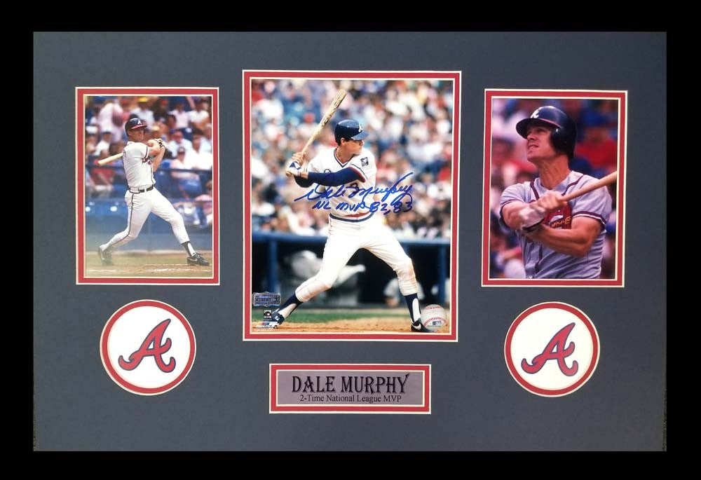 Dale Murphy Signed Atlanta Braves Framed 8x10 Photo with NL MVP 82, 83 Inscription - Batting