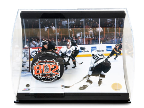 Wayne Gretzky Signed 802 Puck with 802 Goal Picture Curve Display