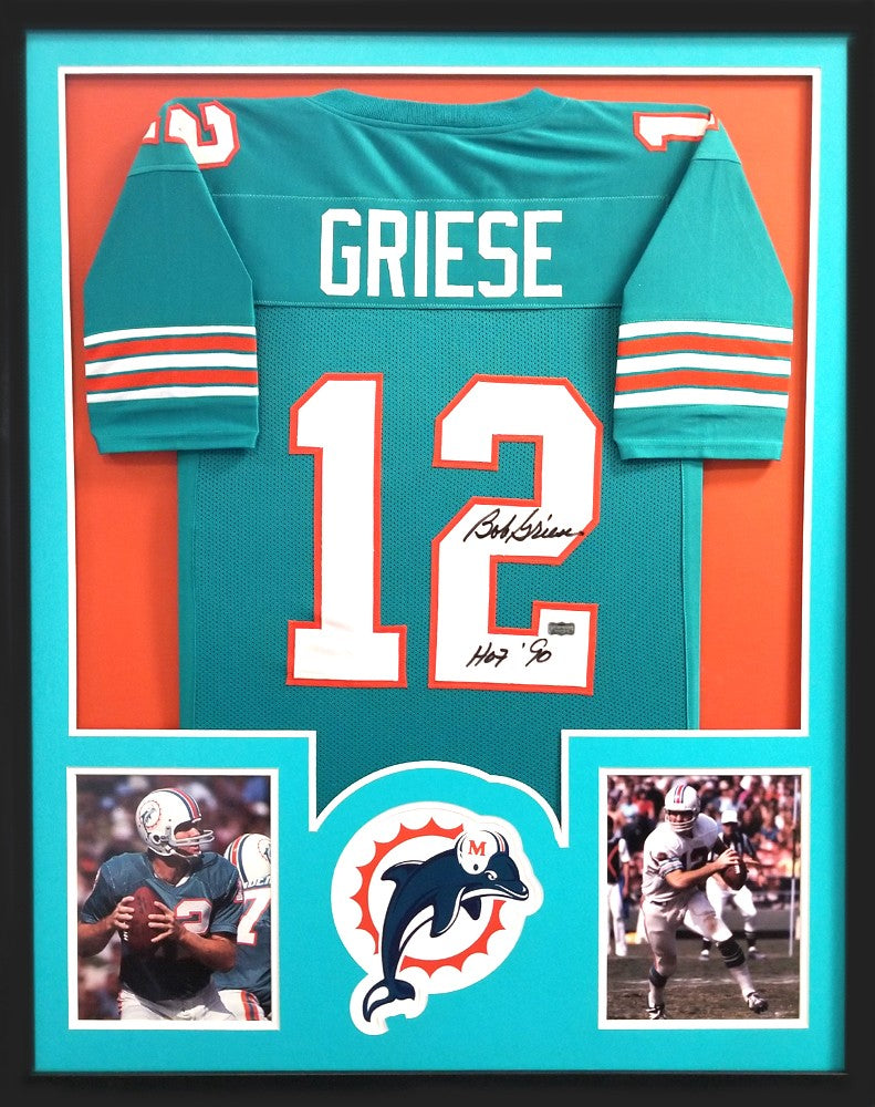 Radtke Sports Bob Griese Signed Miami Dolphins Framed Green Custom Jersey with HOF 90' Inscription