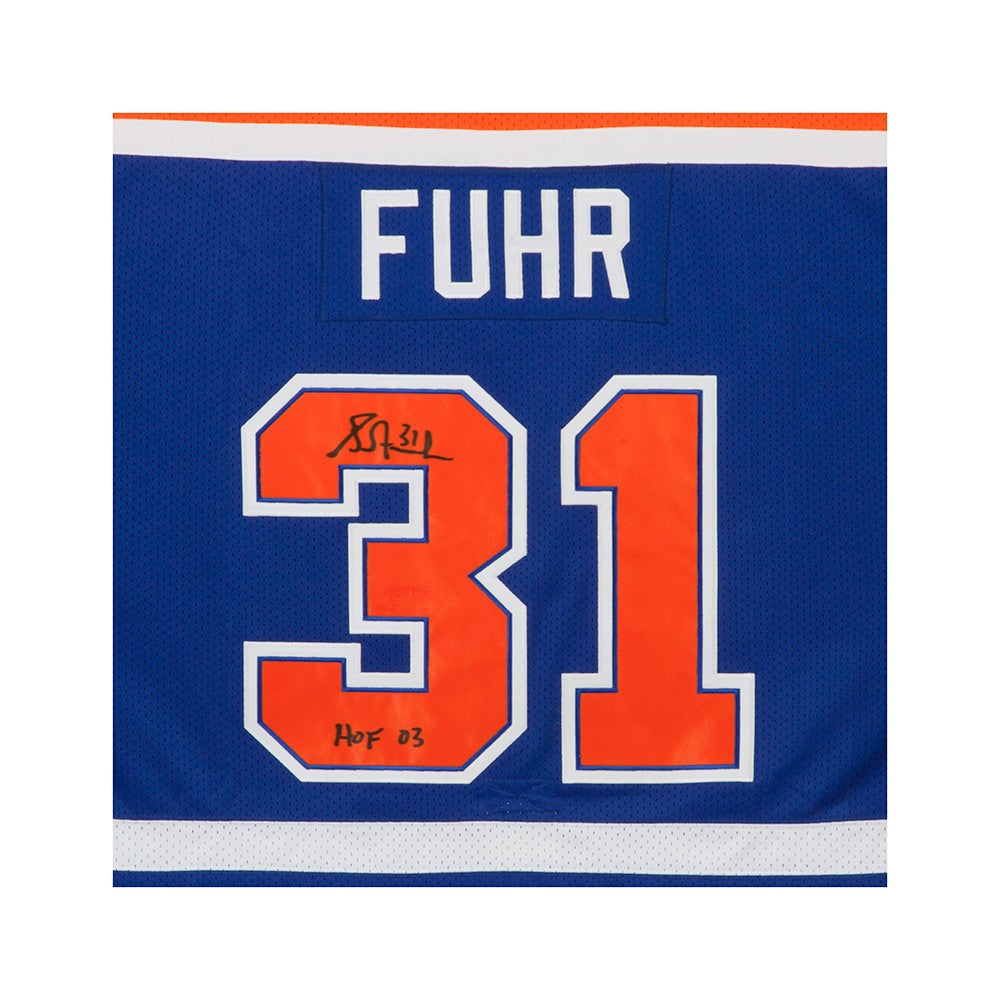 Grant Fuhr Signed Autograph Blue Hockey Jersey Beckett COA Edmonton Oilers  Great