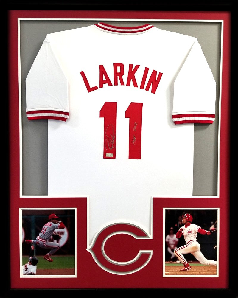 Barry Larkin Signed Framed Cincinnati Reds White Custom Jersey with HOF 2012 Inscription
