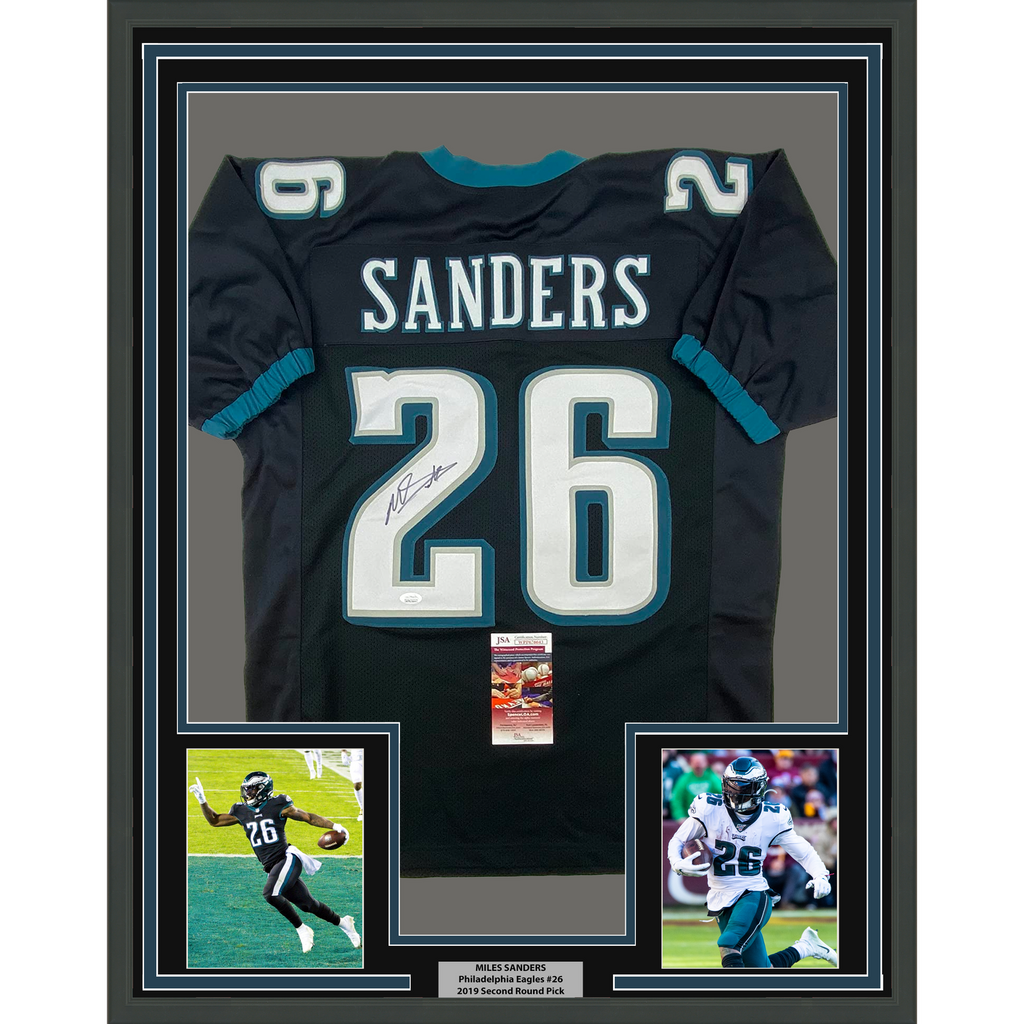 Framed Autographed/Signed Miles Sanders 33x42 Philadelphia Black Jersey JSA  COA