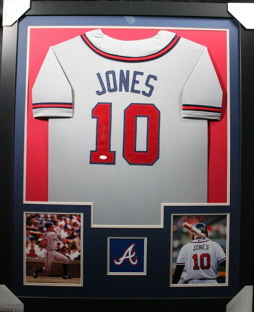 CHIPPER JONES (Braves grey TOWER) Signed Autographed Framed Jersey JSA –  Super Sports Center