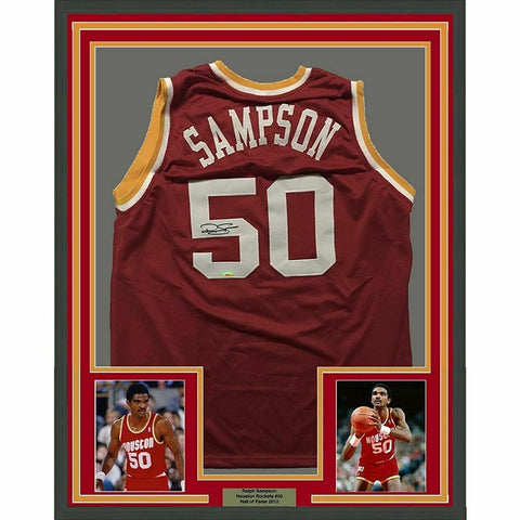 FRAMED Autographed/Signed RALPH SAMPSON 33x42 Houston Red Jersey Tristar COA