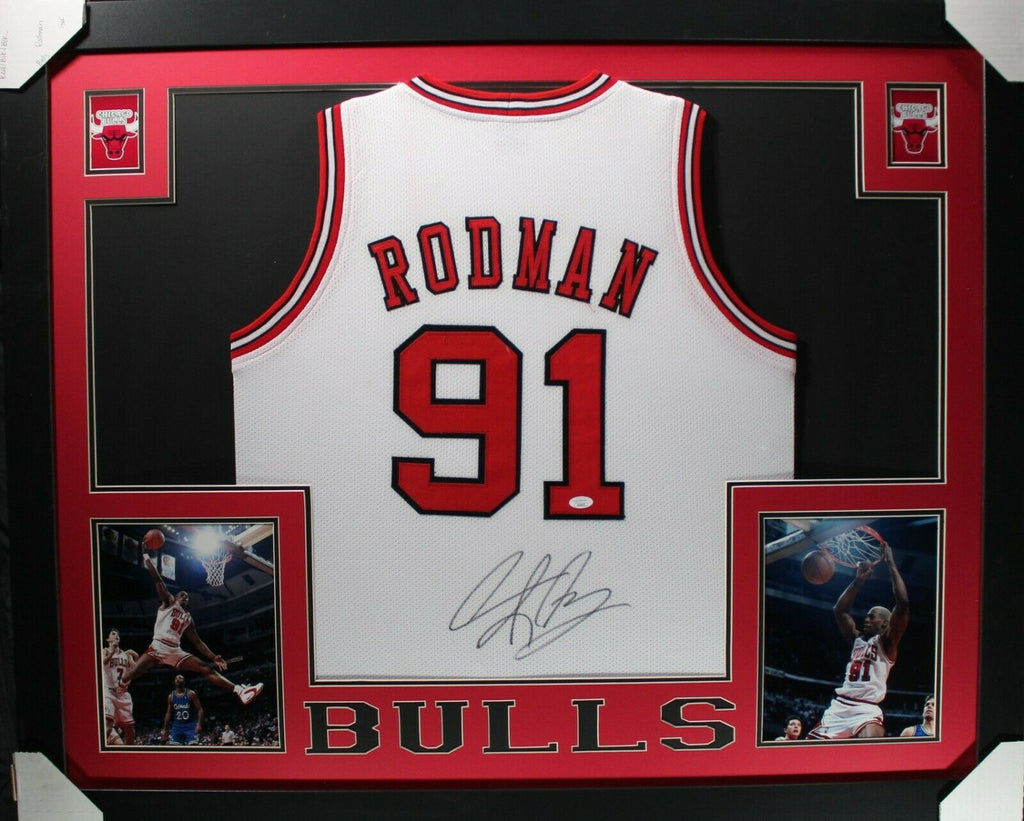 Dennis Rodman Autographed and Framed Black Bulls Jersey