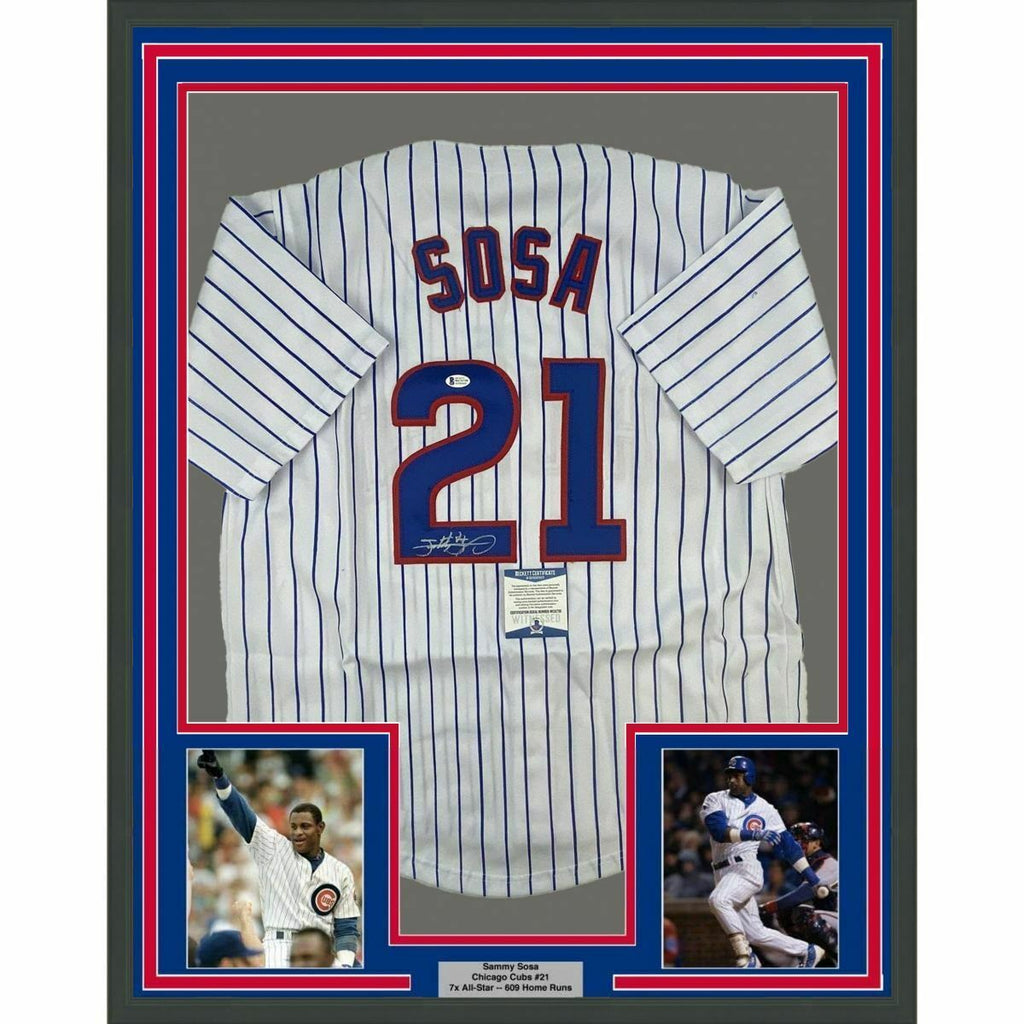 Framed Autographed/Signed SAMMY SOSA 33x42 Pinstripe Baseball Jersey B –  Super Sports Center