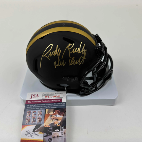 Autographed/Signed Rudy Ruettiger Never Quit Notre Dame Mini Helmet JSA COA