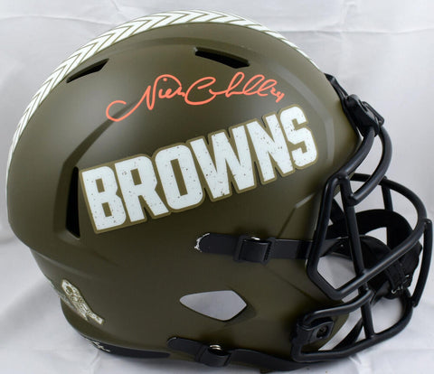 Nick Chubb Signed Browns F/S Salute to Service Speed Helmet-Beckett W Hologram