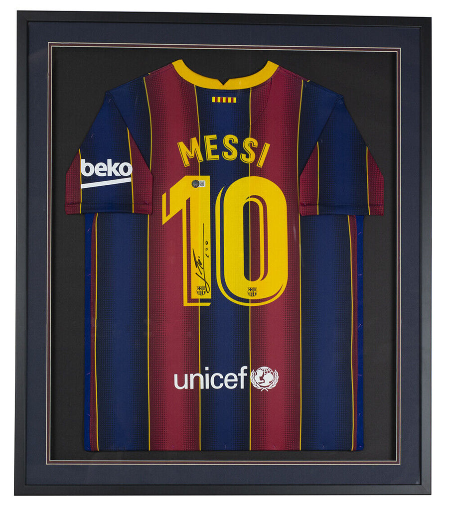 Lionel Messi Signed Framed Nike FC Barcelona Soccer Jersey BAS LOA