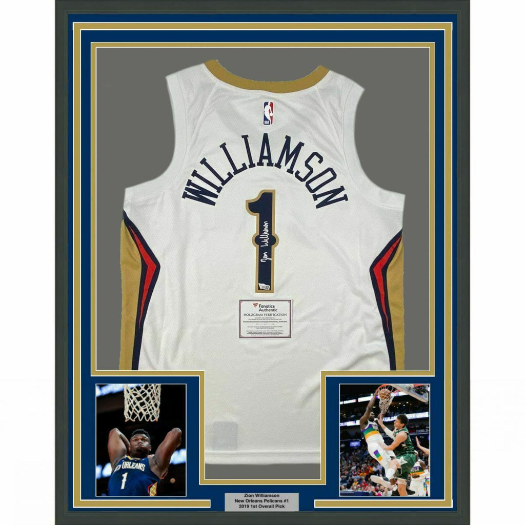 FRAMED Autographed/Signed ZION WILLIAMSON 33x42 White Nike Jersey