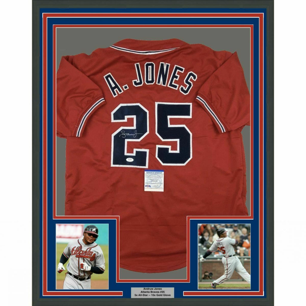 FRAMED Autographed/Signed ANDRUW JONES 33x42 Atlanta Red Jersey