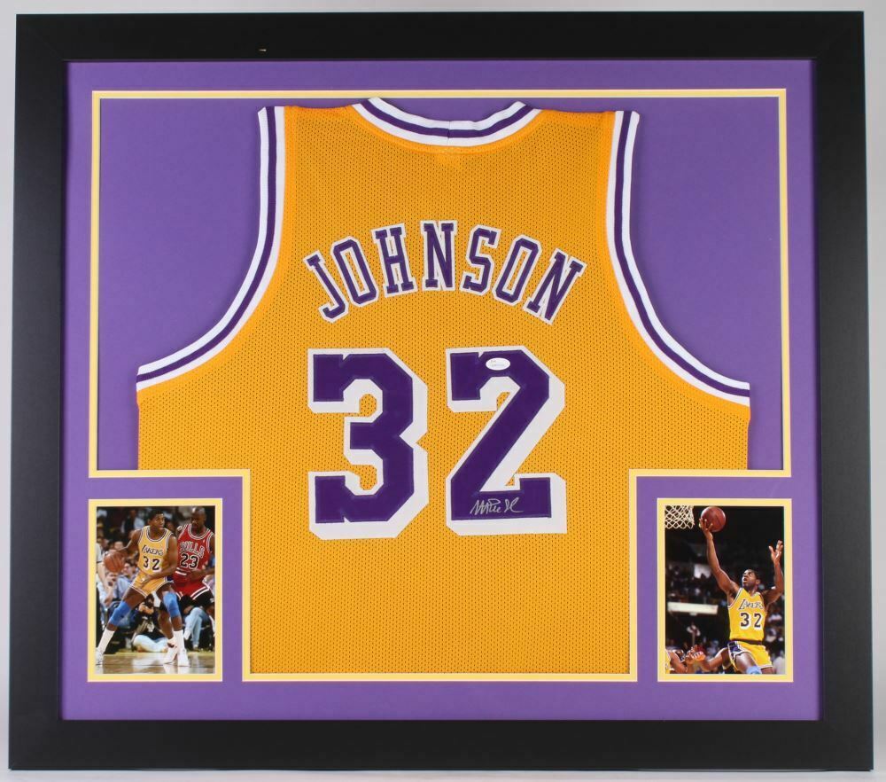 Magic Johnson Signed Lakers 31 x 35 Framed Jersey (JSA COA) 5xNBA Ch –  Super Sports Center