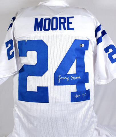 Lenny Moore Autographed White Pro Style Jersey w/HOF-Beckett W Hologram *Silver