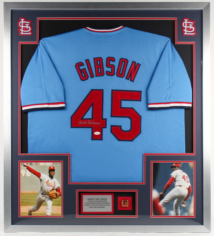 Bob Gibson Signed Cardinals 34 x 38 Custom Framed Jersey Display