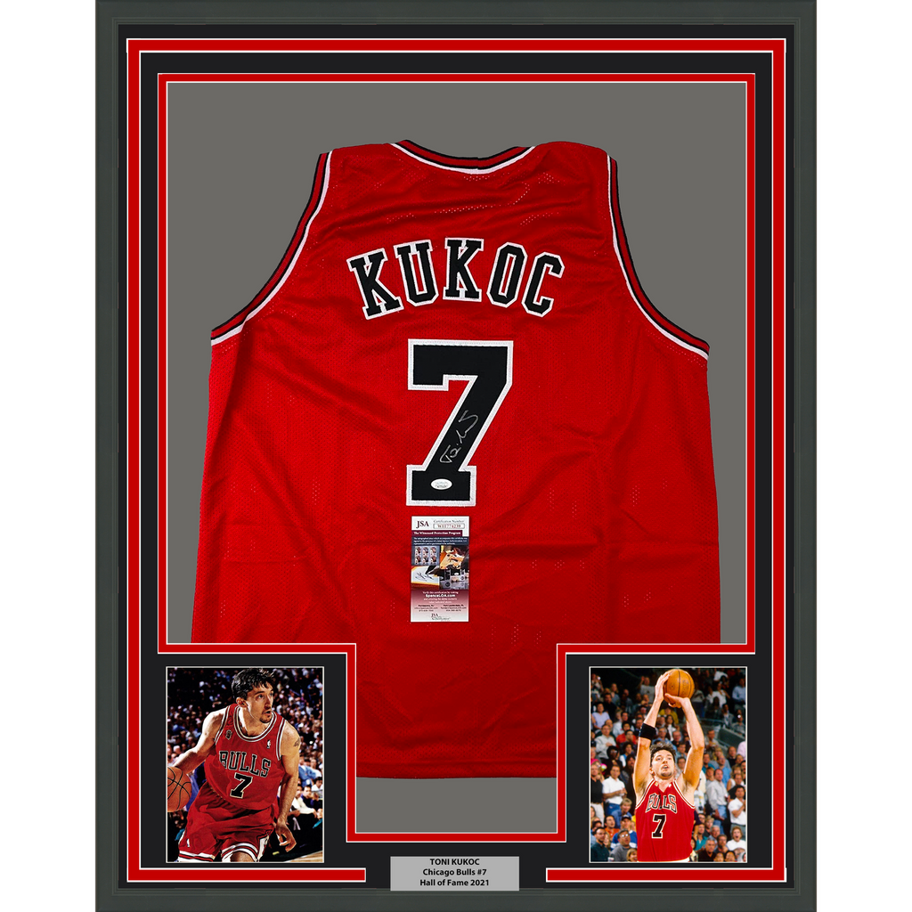 Framed Autographed/Signed Toni Kukoc 33x42 Chicago Red Jersey JSA