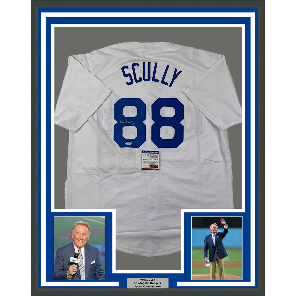 Framed Autographed/Signed Vin Scully 33x42 LA White Baseball Jersey PS –  Super Sports Center