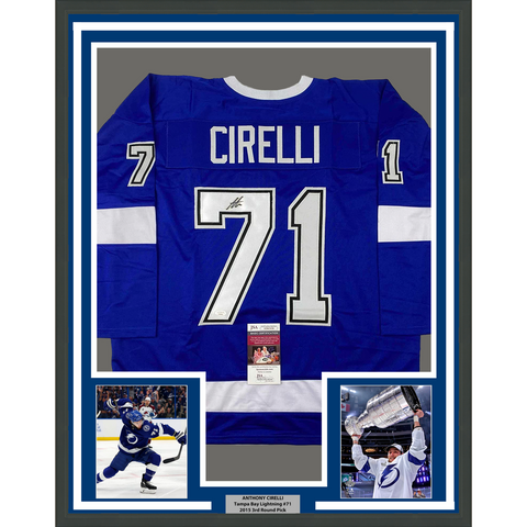 Framed Autographed/Signed Anthony Cirelli 33x42 Tampa Bay Blue Jersey JSA COA
