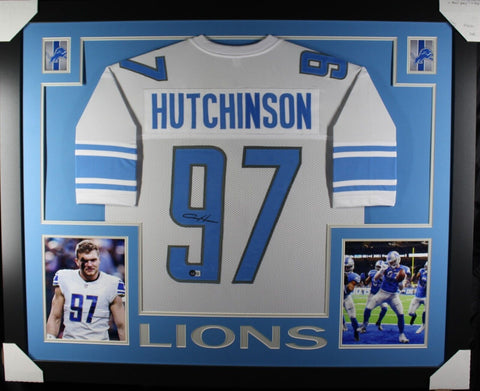 AIDEN HUTCHINSON (Lions white SKYLINE) Signed Autographed Framed Jersey Beckett
