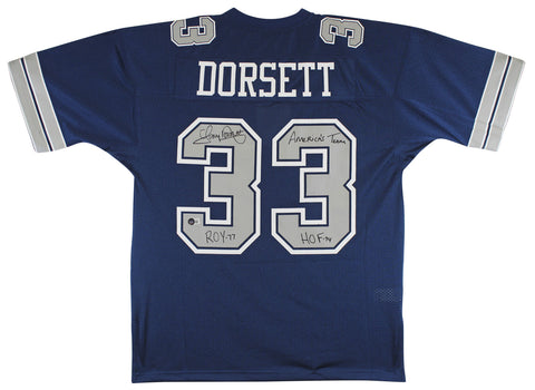 Cowboys Tony Dorsett "3x Insc" Signed Navy Blue M&N Jersey w/ Grey #s BAS Wit