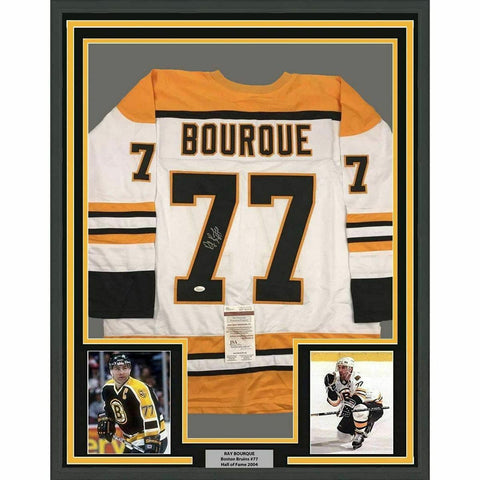 FRAMED Autographed/Signed RAY BOURQUE 33x42 Boston White Hockey Jersey JSA COA