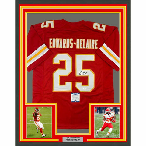 FRAMED Autographed/Signed CLYDE EDWARDS-HELAIRE 33x42 KC Red Jersey Beckett COA