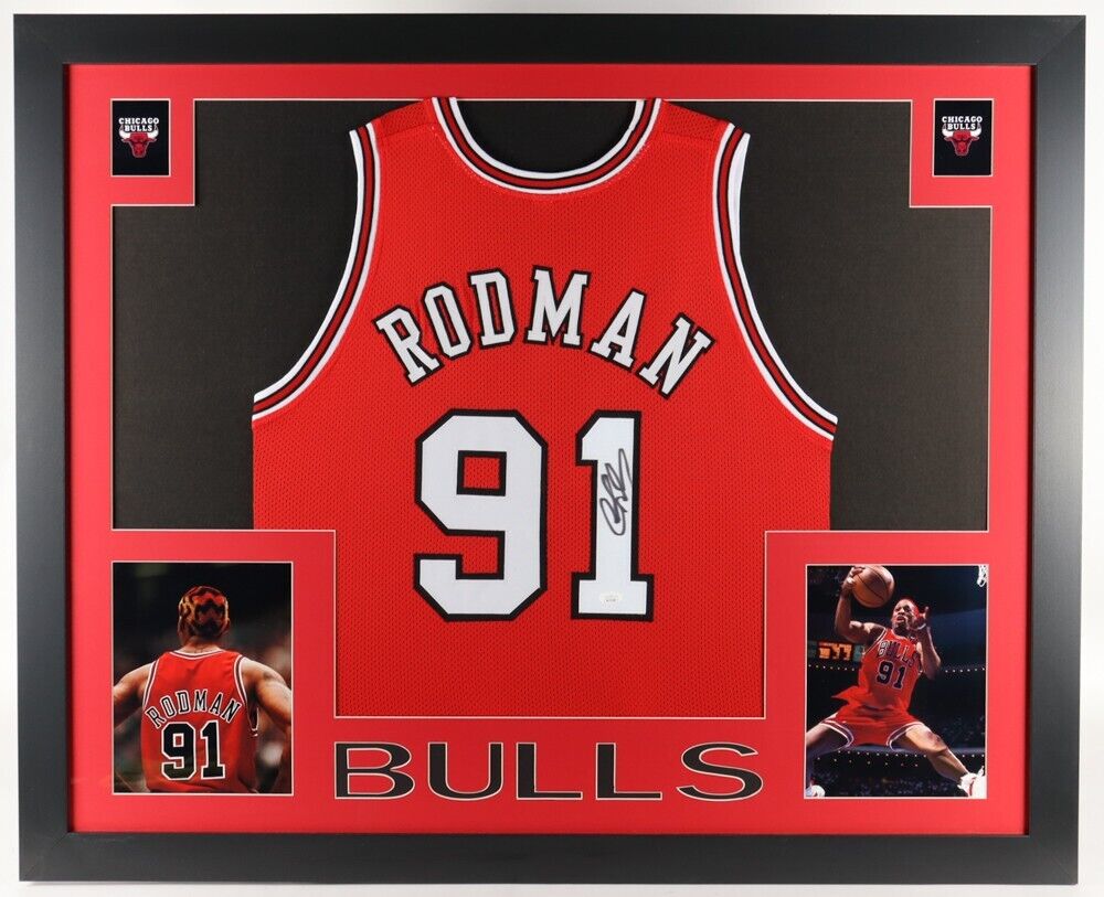Dennis Rodman Autographed & Framed Blue Pistons Jersey JSA COA
