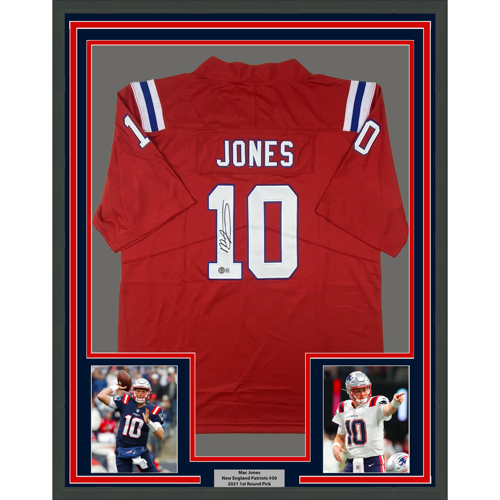 FRAMED Autographed/Signed MAC JONES 33x42 Red Football Jersey