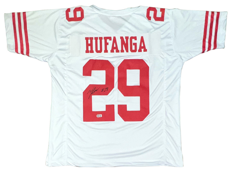 TALANOA HUFANGA SIGNED AUTOGRAPHED SAN FRANCISCO 49ERS #29 WHITE JERSEY BECKETT
