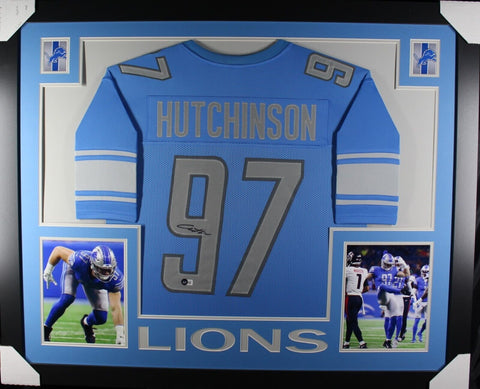 AIDEN HUTCHINSON (Lions blue SKYLINE) Signed Autographed Framed Jersey Beckett