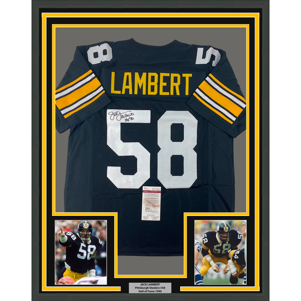 Framed Autographed/Signed Jack Lambert 33x42 HOF 90 Black Jersey JSA C –  Super Sports Center