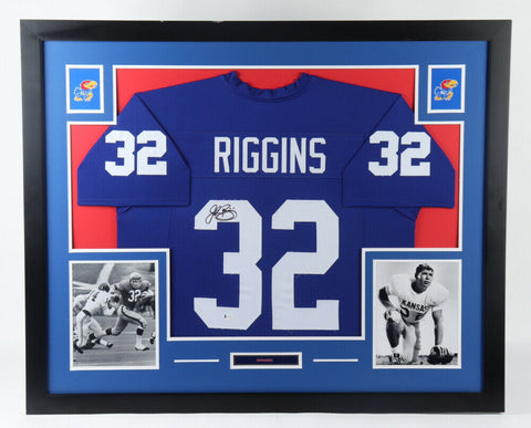 John Riggins Signed Kansas Jayhawk 35x43 Framed Jersey (Beckett COA) Redskins RB