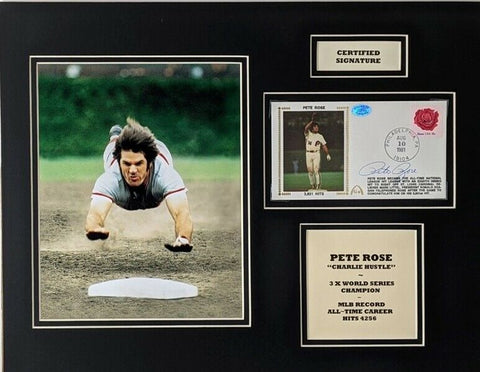 Pete Rose Signed Reds/Phillies Cachet Envelope in 14x18 Matted Display (JSA COA)