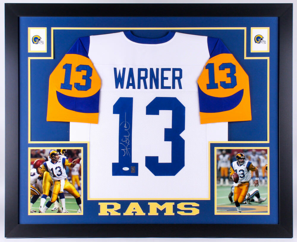 Kurt Warner Signed Los Angeles Rams 35x43 Custom Framed White