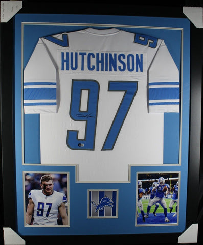 AIDEN HUTCHINSON (Lions white TOWER) Signed Autographed Framed Jersey Beckett