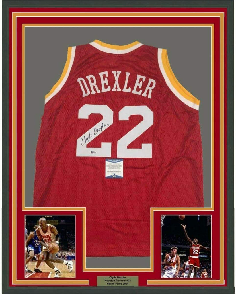 Framed Autographed/Signed Clyde Drexler 33x42 Houston Red Jersey