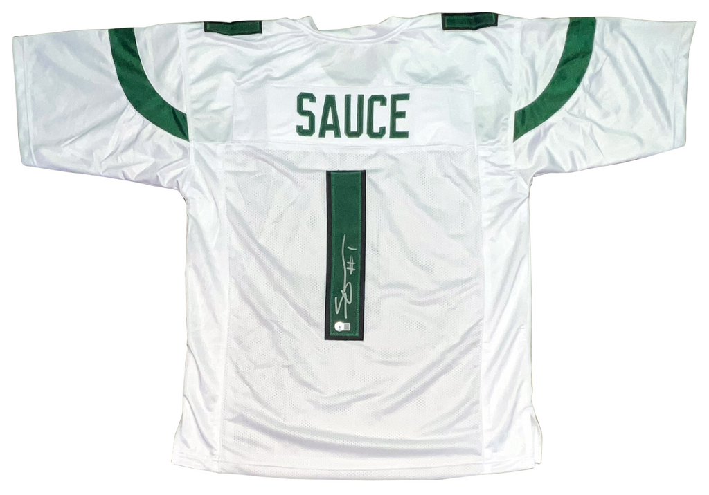 AHMAD GARDNER SIGNED AUTOGRAPHED NEW YORK JETS #1 WHITE SAUCE JERSEY B –  Super Sports Center