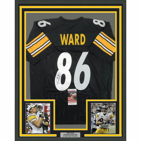 FRAMED Autographed/Signed HINES WARD 33x42 Pittsburgh Black Jersey JSA COA Auto