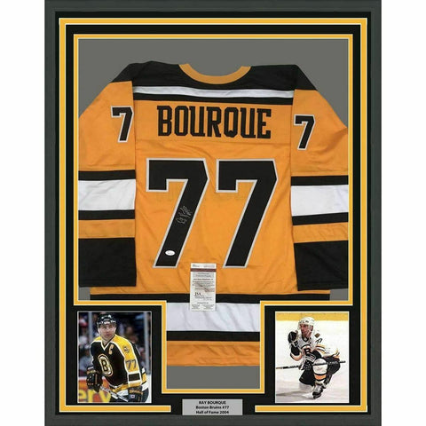 FRAMED Autographed/Signed RAY BOURQUE 33x42 Boston Yellow Hockey Jersey JSA COA