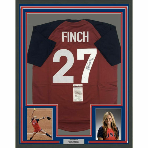 FRAMED Autographed/Signed JENNIE FINCH 33x42 Red United States Jersey JSA COA