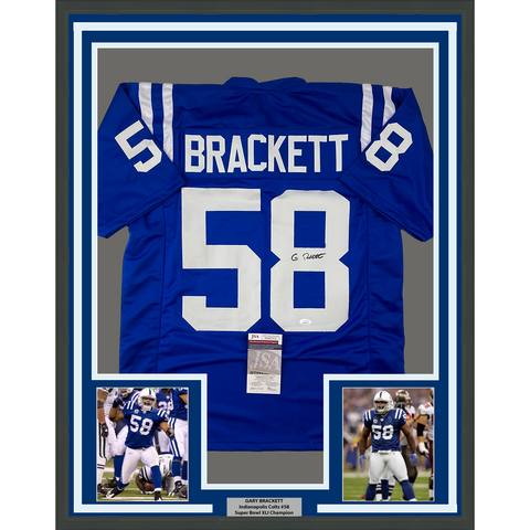 Framed Autographed/Signed Gary Brackett 33x42 Indianapolis Blue Jersey JSA COA