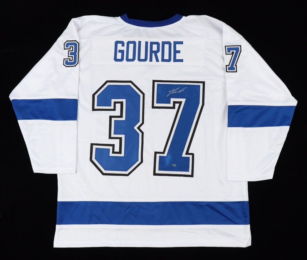 Friendly Confines Yanni Gourde Signed Tampa Bay Lightning Jersey (OKAuthentic) Back to Back S Cups