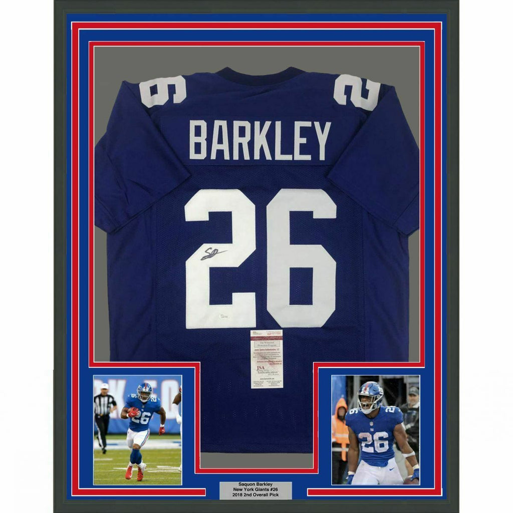 FRAMED Autographed/Signed SAQUON BARKLEY 33x42 New York Blue Jersey JS –  Super Sports Center