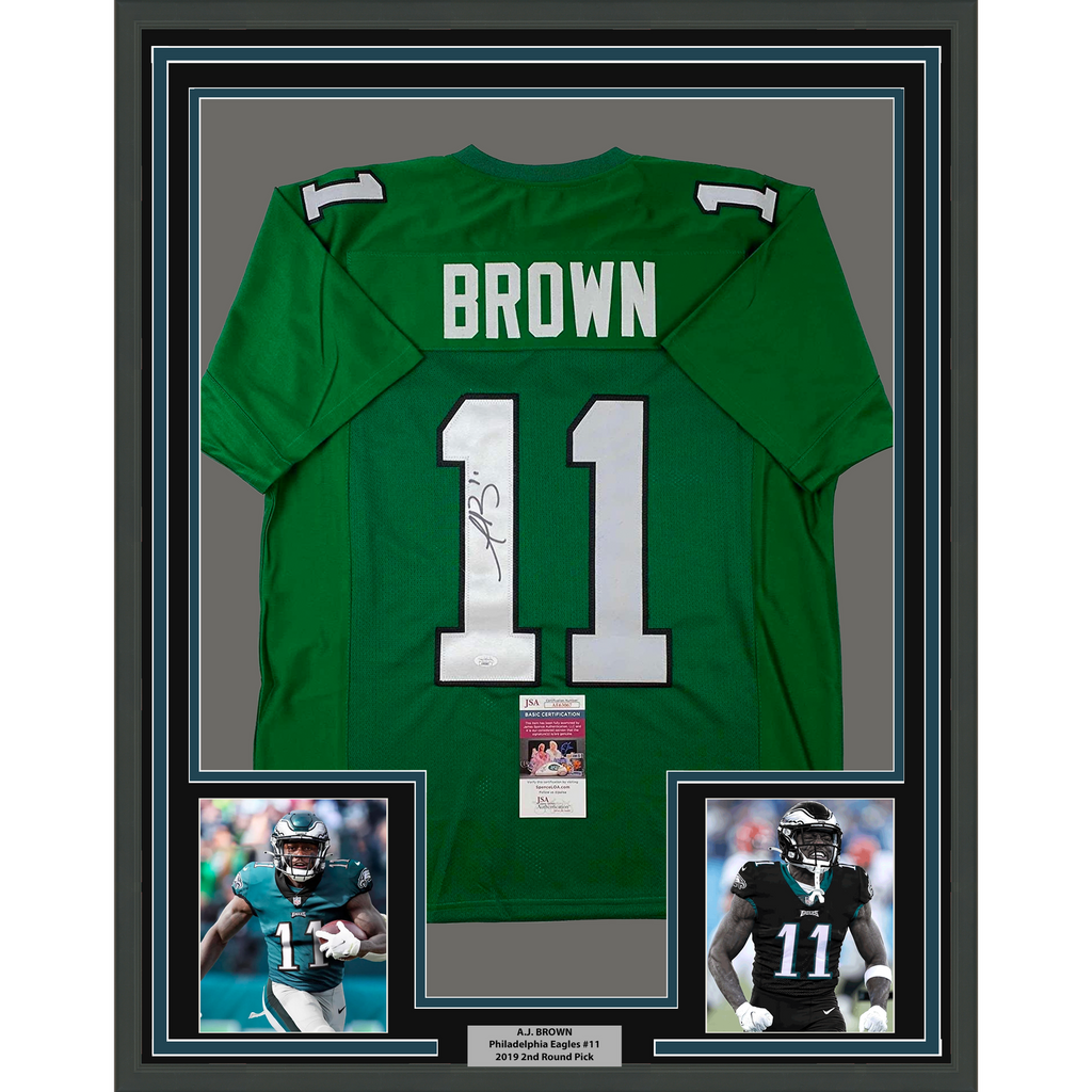 Framed Autographed/Signed AJ A.J. Brown 33x42 Kelly Green Jersey