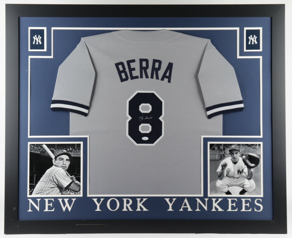 Yogi Berra Signed New York Yankees 35x43 Framed Jersey (JSA COA
