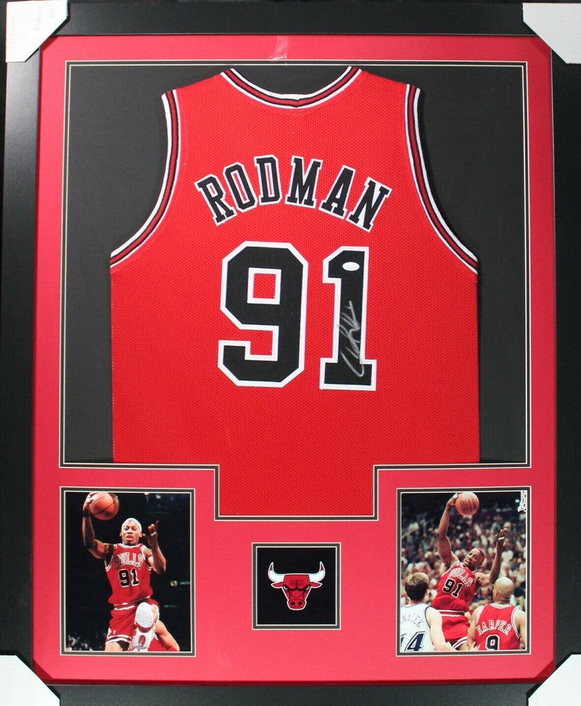 Dennis Rodman Autographed and Framed Black Bulls Jersey